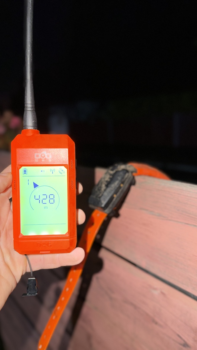 Displej jednotky DOG GPS ukazuje 428 metrů, obojek přitom leží na plotě vedle ní