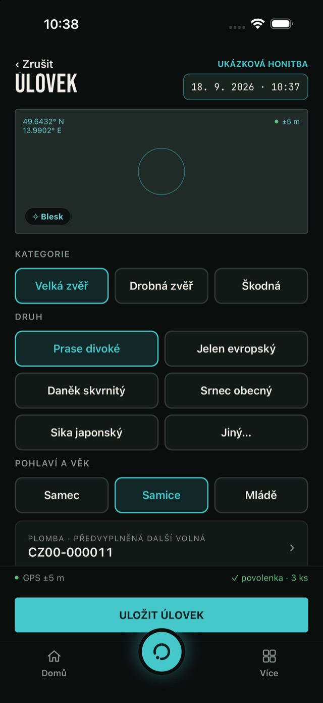 Zápis úlovku v aplikaci Infynix Pole: kategorie, druh, pohlaví a předvyplněná plomba